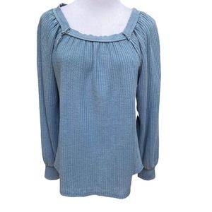 American Rag Peasant Top Women's Size Small Blue LS Waffle NWT EP117